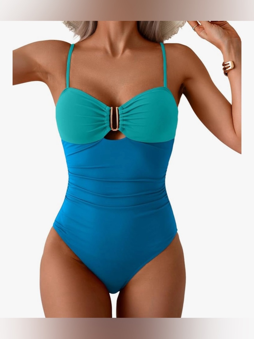 Teal & Blue One-Piece Swim Suit with Front Accent